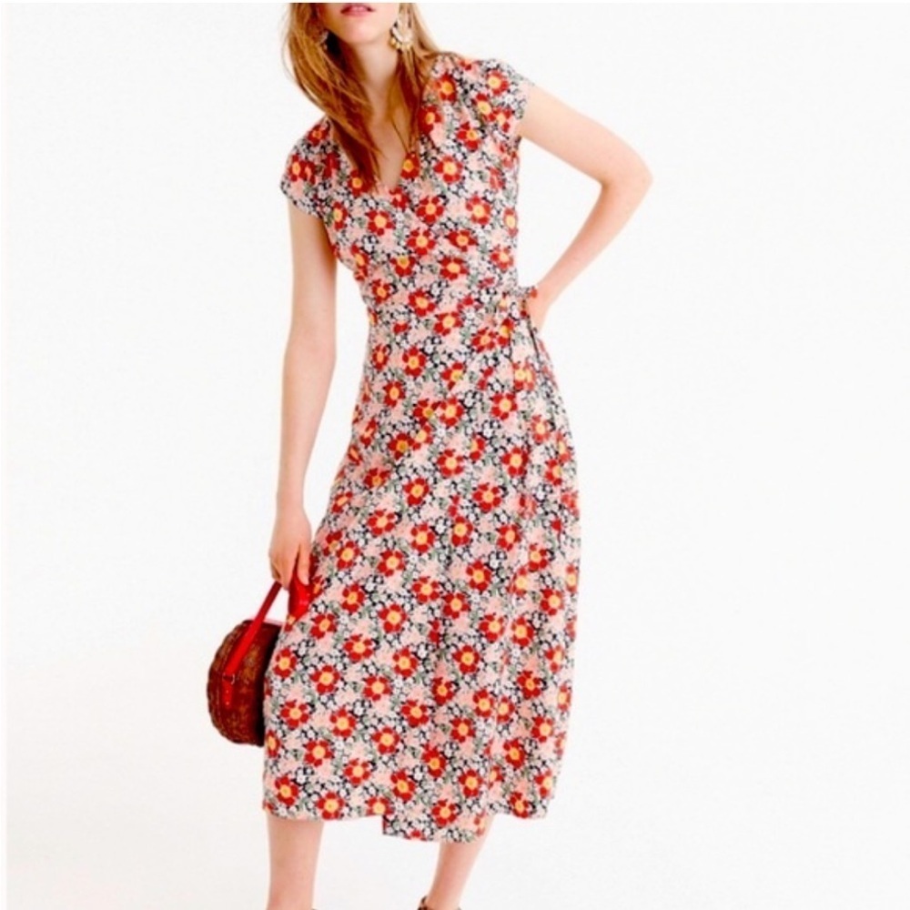 J.Crew Floral Wrap Midi Dress XXS Red Orange V Neck Summer Vacation Dress - Picture 2 of 9